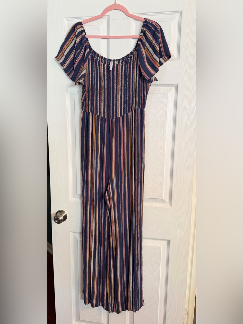 Xhilaration Navy Multi-Stripe Short Sleeve Jumpsuit
